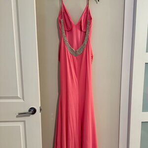 Jovani 07297 Hot Pink Backless V Neck Dress- Custom gather detail front of dress